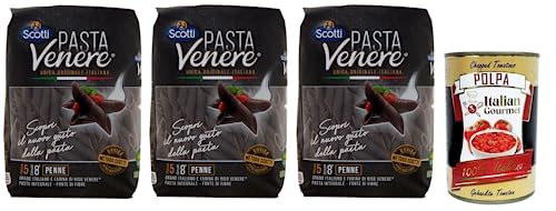 3x Riso Scotti Pasta Venere Penne Rigate,Pasta aus Hartweizengrieß und Schwarzem Venere-Vollkornreismehl,Packung mit 400g + Italian Gourmet Polpa di Pomodoro 400g Dose von Italian Gourmet E.R.