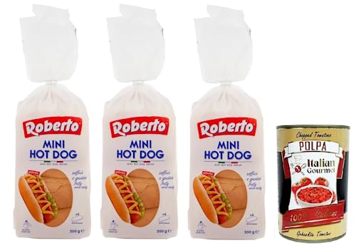 3x Roberto Mini Hot Dog Brot,Packung mit 300g,Jede Packung enthält 8 Hot Dog Buns + Italian Gourmet Polpa di Pomodoro 400g Dose von Italian Gourmet E.R.