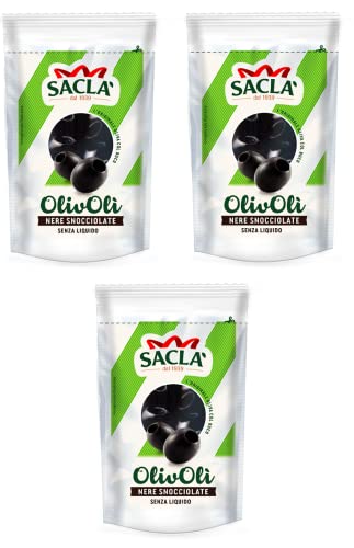 3x Saclà OlivOli Olive Nere Snocciolate Entsteinte Schwarze Oliven Ohne Flüssigkeit Ideal für Aperitifs, Salate und zum Anreichern Ihrer Gerichte 75g Beutel von Italian Gourmet E.R.