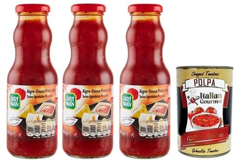 3x Suzi Wan Salsa Agrodolce Piccante,Scharfe süß-saure Soße,Ideal für Aperitifs,Glas 350g + Italian Gourmet Polpa di Pomodoro 400g Dose von Italian Gourmet E.R.