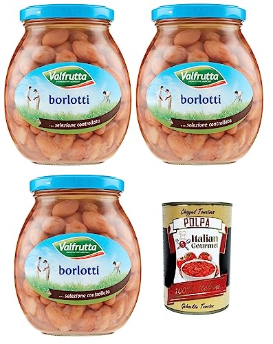 3x Valfrutta Fagioli Borlotti,Italienische Borlotti-Bohnen,Hülsenfrucht Gemüse Gekochte Bohnen,Glas 360g + Italian Gourmet Polpa di Pomodoro 400g Dose von Italian Gourmet E.R.