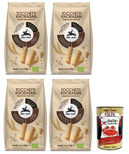 4x Alce Nero Tocchetti Breadsticks,Bio-Backprodukt mit Bio-Khorasan-Weizen und extra natives Olivenöl,Packung mit 150g + Italian Gourmet Polpa di Pomodoro 400g Dose von Italian Gourmet E.R.