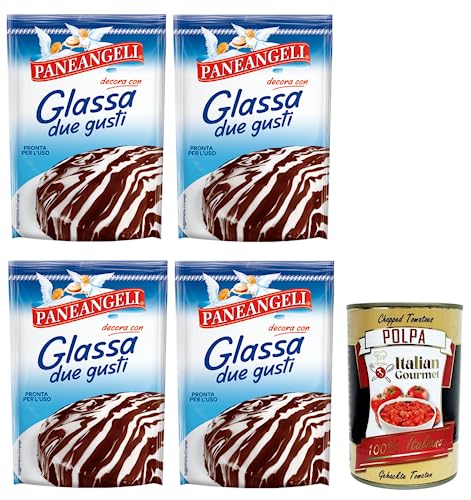 4x Paneangeli Glassa due gusti,Glasur für Kuchen, fettarme Kakaoglasur, Glasur mit weißem Schokoladengeschmack,125g Beutel + Italian Gourmet Polpa di Pomodoro 400g Dose von Italian Gourmet E.R.