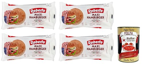 4x Roberto Maxi Hamburger Integrale Brot mit Vollkornmehl und Sesamkörnern,Packung mit 300g, Jede Packung enthält 4 Hamburger Buns + Italian Gourmet Polpa di Pomodoro 400g Dose von Italian Gourmet E.R.