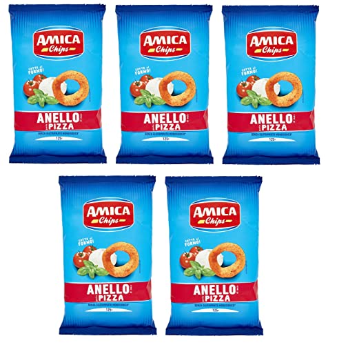 5x Amica Chips Anello Pizza Mais-Snacks mit Pizzageschmack Salziger Snack 125g Beutel von Italian Gourmet E.R.