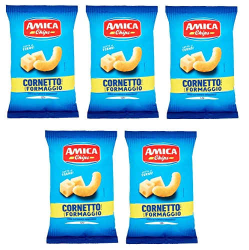 5x Amica Chips Cornetto al Formaggio Mais-Snacks mit Käsegeschmack Salziger Snack 125g Beutel von Italian Gourmet E.R.