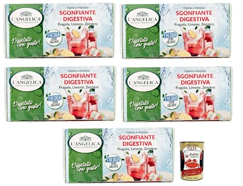 5x L' Angelica Tisana Sgonfiante Digestiva Kalter Kräutertee Geschmack von Erdbeeren kombiniert mit den Zitrusnoten von Zitrone 18 Filter + Italian Gourmet Polpa di Pomodoro 400g Dose von Italian Gourmet E.R.