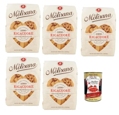 5x La Molisana Rigacuore N. 1000 Pasta Lenta Lavorazione Teigwaren aus Hartweizengrieß Bronze-Zeichnung 500g + Italian Gourmet Polpa 400g von Italian Gourmet E.R.