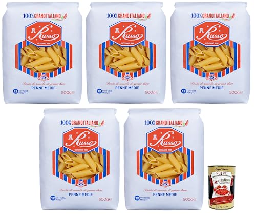 5x Russo Penne Medie N°46 Hartweizengrieß Pasta,100% Italienischer Weizen,500g-Packung + Italian Gourmet Polpa di Pomodoro 400g Dose von Italian Gourmet E.R.