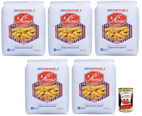 5x Russo Penne Medie Rigate N°123 Hartweizengrieß Pasta,100% Italienischer Weizen,500g-Packung + Italian Gourmet Polpa di Pomodoro 400g Dose von Italian Gourmet E.R.