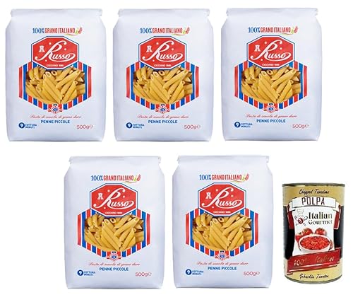 5x Russo Penne Piccole N°12 Hartweizengrieß Pasta,100% Italienischer Weizen,500g-Packung + Italian Gourmet Polpa di Pomodoro 400g Dose von Italian Gourmet E.R.