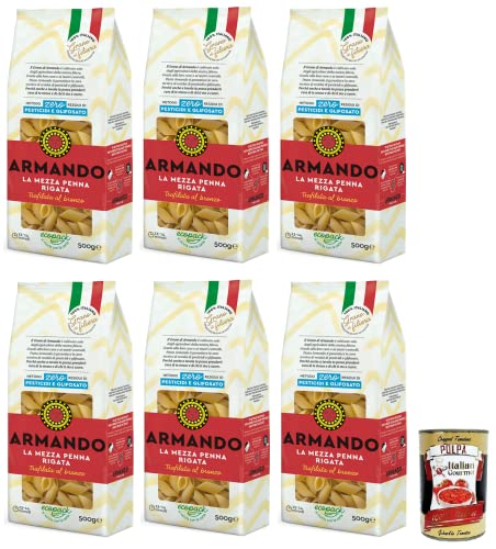 6x Armando La Mezza Penna Rigata,Bronzegezogene Nudeln,100% Italienische Pasta 500g + Italian Gourmet Polpa di Pomodoro 400g Dose von Italian Gourmet E.R.