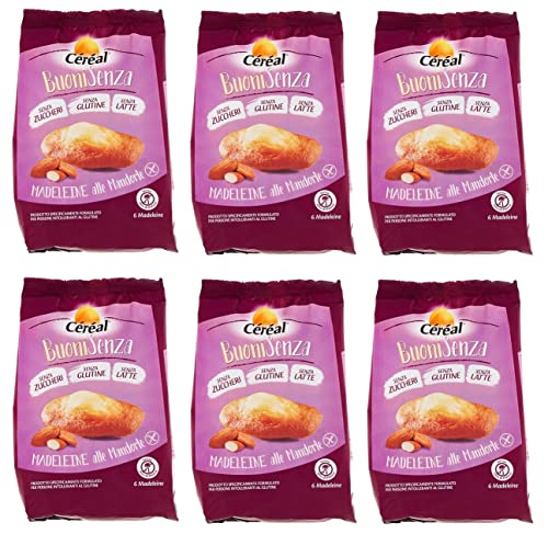 6x Céréal BuoniSenza Madeleine alle Mandorle Mandel Madeleines Ideal zum Frühstück Süßer Snack mit Mandelgeschmack glutenfrei, milchfrei und zuckerfrei 180g Packung von Italian Gourmet E.R.