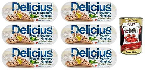 6x Delicius Filetti di Sgombro Grigliati all'Olio di Oliva,Gegrillte Makrelenfilets in Olivenöl,reich an Omega 3,Hochwertiger Blauer Fisch,110g Dose + Italian Gourmet Polpa di Pomodoro 400g Dose von Italian Gourmet E.R.