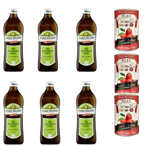 6x Farchioni Classico Extra Natives nativ Olive Olivenöl 1000ml olio vergine oliva 1lt + Italian Gourmet 100% italienische geschälte Tomaten dosen 3x 400g von Italian Gourmet E.R.