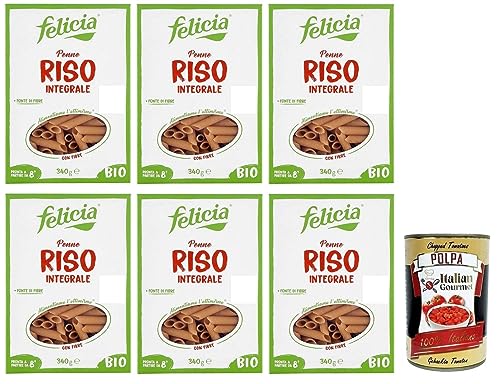 6x Felicia Penne di Riso Integrale,Pasta mit 100 % braunem Reis aus der italienischen Lieferkette,Bio und Natürlich Glutenfrei,Packung mit 340g + Italian Gourmet Polpa di Pomodoro 400g Dose von Italian Gourmet E.R.