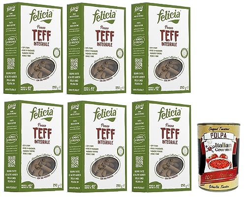 6x Felicia Penne di Teff Integrale,Pasta mit 100% Vollkorn Teff,Authentischer Geschmack der äthiopischen Küche,Packung mit 250g + Italian Gourmet Polpa di Pomodoro 400g Dose von Italian Gourmet E.R.