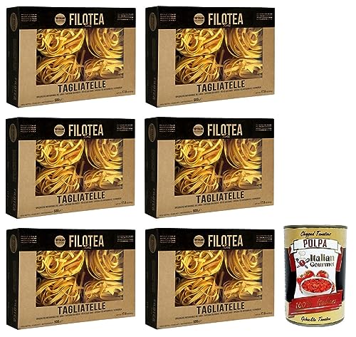 6x Filotea Tagliatelle Pasta all'Uovo,Eiernudeln aus italienischen Rohstoffen,Packung mit 500g + Italian Gourmet Polpa di Pomodoro 400g Dose von Italian Gourmet E.R.