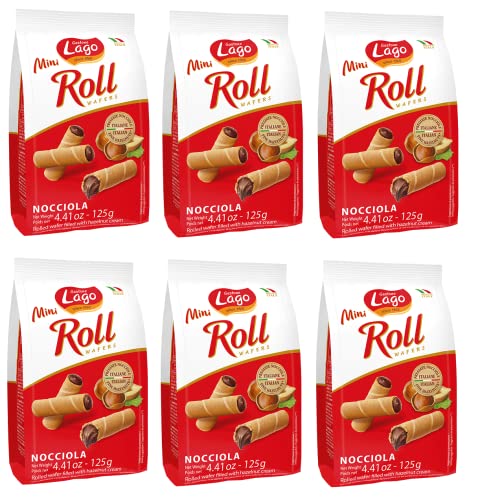 6x Gastone Lago Mini Roll Nocciola Waffelröllchen Waffelpad Wafer gefüllt mit Haselnusscreme 125g von Italian Gourmet E.R.