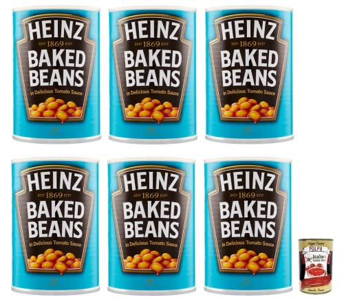 6x Heinz Baked Beans Weiße Bohnen in Tomatensauce,reich an Ballaststoffen, reich an Eiweiß und wenig Fett,415g Dose + Italian Gourmet Polpa di Pomodoro 400g Dose von Italian Gourmet E.R.