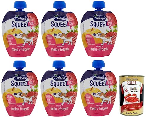 6x Melinda Mela Fragola Squeez 100% Frucht,Apfel- und Erdbeerpüree,Obst zum Auspressen,90g + Italian Gourmet Polpa di Pomodoro 400g Dose von Italian Gourmet E.R.