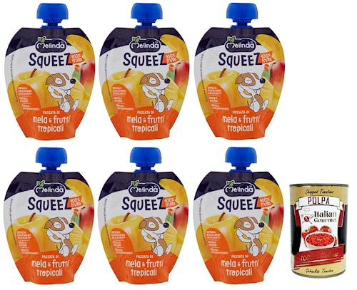 6x Melinda Mela & Frutti Tropicali Squeez 100% Frucht,Apfel- und Tropisches Fruchtpüree,Obst zum Auspressen,90g + Italian Gourmet Polpa di Pomodoro 400g Dose von Italian Gourmet E.R.