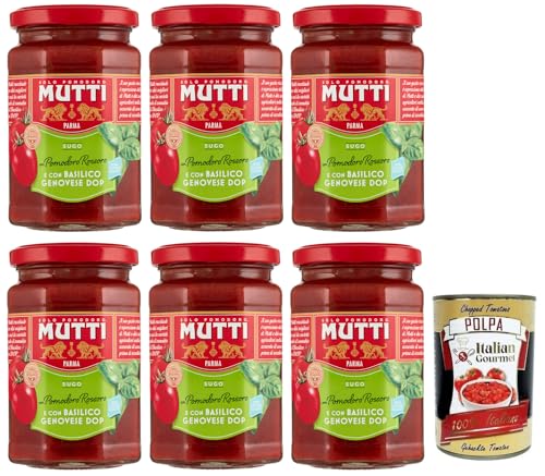 6x Mutti Sugo con Basilico,Sauce mit Rossoro-Tomate und Genuesischem Basilikum DOP,Italienische Tomatensauce 280g + Italian Gourmet Polpa di Pomodoro 400g Dose von Italian Gourmet E.R.