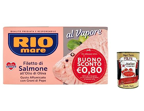 6x Rio Mare Gedämpftes Lachsfilet mit Olivenöl und Pfefferkörnern, geräucherter Geschmack, 125 g + Italian Gourmet polpa 400g von Italian Gourmet E.R.