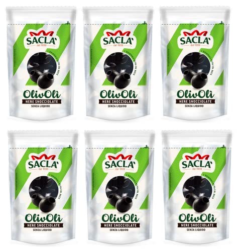 6x Saclà OlivOli Olive Nere Snocciolate Entsteinte Schwarze Oliven Ohne Flüssigkeit Ideal für Aperitifs, Salate und zum Anreichern Ihrer Gerichte 75g Beutel von Italian Gourmet E.R.