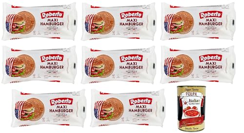 8x Roberto Maxi Hamburger Integrale Brot mit Vollkornmehl und Sesamkörnern,Packung mit 300g, Jede Packung enthält 4 Hamburger Buns + Italian Gourmet Polpa di Pomodoro 400g Dose von Italian Gourmet E.R.