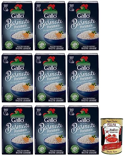 9x Riso Gallo Basmati Profumato,Reis aus nachhaltiger Landwirtschaft,Kochzeit 10 Minuten,Ideal für Beilagen und leichte Rezepte,500g + Italian Gourmet Polpa di Pomodoro 400g Dose von Italian Gourmet E.R.