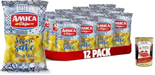 AMICA Chips | Patatine Classiche Sapore di Sale, Klassischer Kartoffel Chips -Geschmack von Salz mit 50% weniger Salz, glutenfreier Snacks mit Sonnenblumenöl, 12 x 175 g + Italian Gourmet polpa 400g von Italian Gourmet E.R.