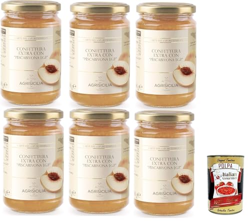 Agrisicilia Confettura Pescabivona I.G.P., Extra Marmelade mit "Pfirsich of bivona I.G.P.", sizilianische hochwertige Obst, handwerkliche Verarbeitung, 3x 360g + Italian Gourmet polpa 400g von Italian Gourmet E.R.