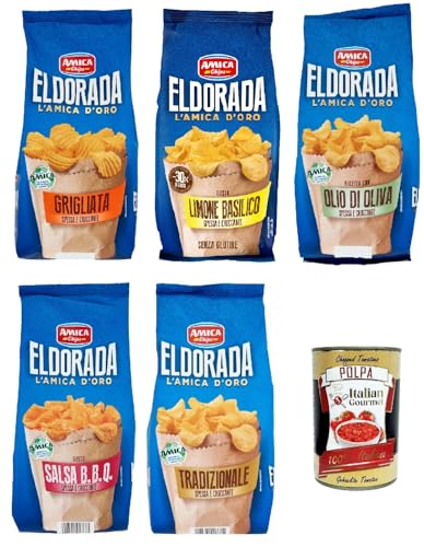 Amica Chips Eldorada Testpaket Salzige Kartoffelchips mit gewelltem Schnitt 5x 130g glutenfreie knusprige Kartoffel chips + Italian Gourmet polpa 400g von Italian Gourmet E.R.