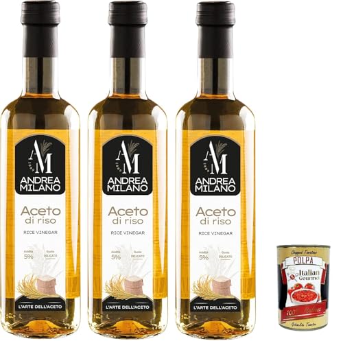 Andrea Milano, Aceto di Riso, Reisessig, Ideales Gewürz für Sushi und Marinade, es passt perfekt zu Fisch und Gemüsegerichten, Säure 5%, 3x 500 ml + Italian Gourmet polpa 400g von Italian Gourmet E.R.