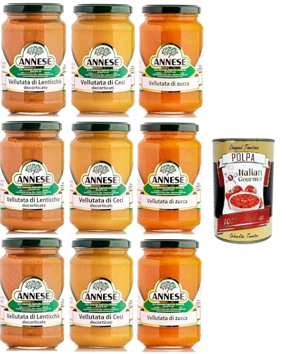 Annese Testpaket Vellutata di Lenticchie,Ceci Decorticati e Zucca Samtige Suppe aus Linsen, geschälten Kichererbsen und Kürbis 9x360gr + Italian Gourmet polpa 400g von Italian Gourmet E.R.