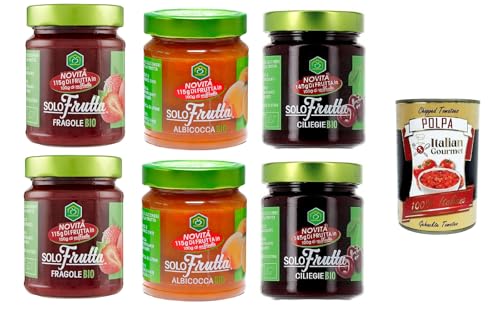 Apicoltura Casentinese Testpaket marmellata Solo Frutta Albicocca, Fragola & Ciliegia Marmelade Nur Frucht Aprikose, Erdbeere und Kirsche 6x295gr + Italian Gourmet Polpa di Pomodoro 400g von Italian Gourmet E.R.