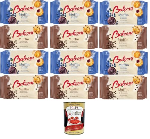 Balconi Testpaket Muffin Con Cuore di Mirtillo, Con Gocce di Cioccolato Muffin mit Blaubeerherz, mit Schokoladenstückchen 12x240gr + Italian Gourmet Polpa 400g von Italian Gourmet E.R.