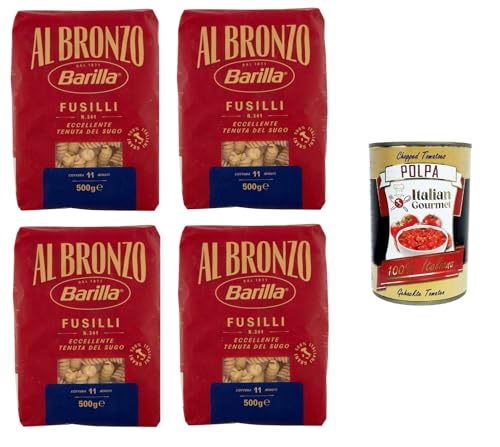 Barilla Al Bronzo Pasta Fusilli Bronze Gezogene Pasta Rohe Verarbeitungsmethode 4x 500gr + Italian Gourmet polpa 400g von Italian Gourmet E.R.