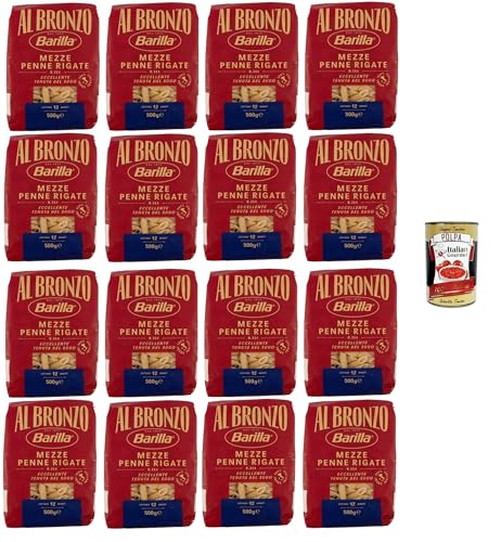 Barilla Al Bronzo Pasta Mezze Penne Rigate Bronze Gezogene Pasta Rohe Verarbeitungsmethode 16x 500gr + Italian Gourmet polpa 400g von Italian Gourmet E.R.