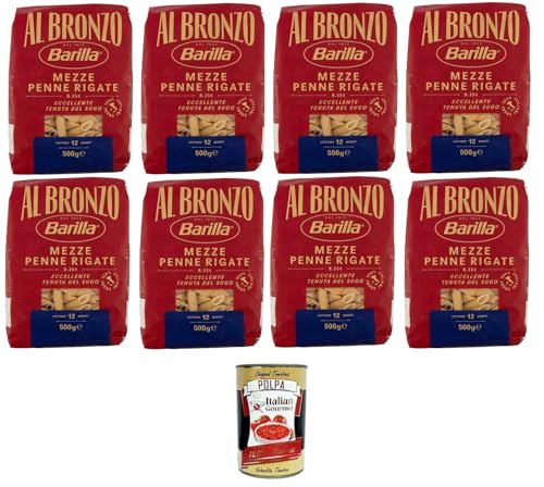 Barilla Al Bronzo Pasta Mezze Penne Rigate Bronze Gezogene Pasta Rohe Verarbeitungsmethode 8x 500gr + Italian Gourmet polpa 400g von Italian Gourmet E.R.