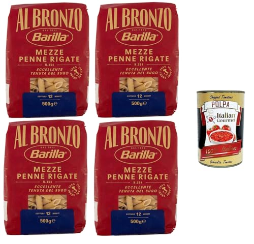 Barilla Al Bronzo Pasta Mezze Penne Rigate Bronze Gezogene Pasta Rohe Verarbeitungsmethode4x 500gr + Italian Gourmet polpa 400g von Italian Gourmet E.R.