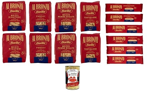 Barilla Al Bronzo Testpaket Pasta Fusilli,Mezze Penne,Mezzi Rigatoni,Linguine,Spaghetti,Spaghettoni,Tortiglioni, Bronze Gezogene Pasta Rohe Verarbeitungsmethode 14x 500gr + Italian Gourmet polpa 400g von Italian Gourmet E.R.