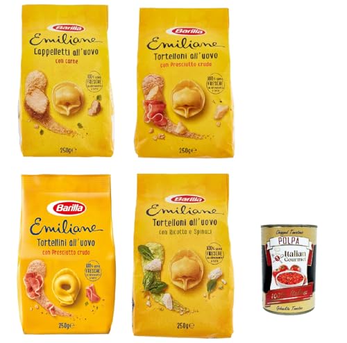 Pasta Le Emiliane Testpaket Eier gefüllte Nudeln, Pasta -Eiernudeln mit 100% frischen italienischen Eiern, ideal in Brühe oder Sauce 4x 250 g + Italian gourmet polpa 400g von Italian Gourmet E.R.