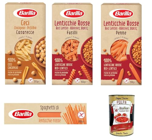 Barilla Pasta di Legumi Testpaket, Hülsenfrüchte pasta nudeln, Reich an Ballaststoffen und Proteinen, glutenfrei - 4x 250 g + Italian Gourmet polpa 400g von Italian Gourmet E.R.