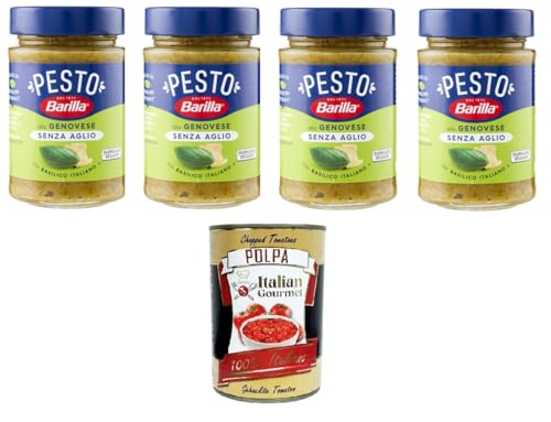 Barilla Pesto Alla Genovese senz'Aglio Condimento e Sugo per Pasta Genueser Pesto ohne Knoblauchgewürz und Nudelsauce 4x190gr + Italian Gourmet polpa 400g von Italian Gourmet E.R.