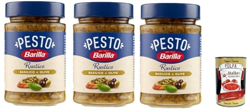 Barilla Pesto Rustico Basilico E Olive, Pesto pasta sauce mit Basilikum und Oliven, Mit Olivenstücken. 3x 200g + Italian Gourmet polpa 400g von Italian Gourmet E.R.