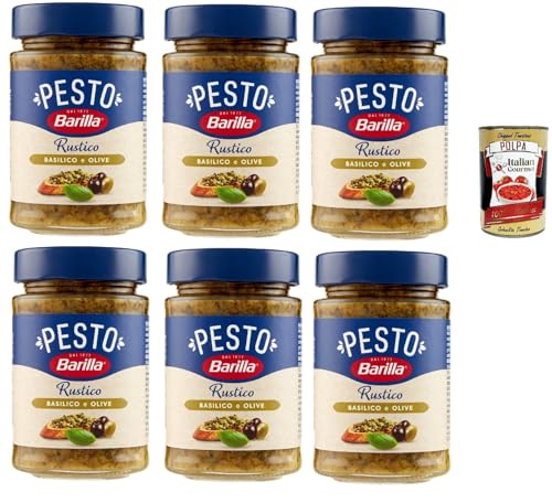 Barilla Pesto Rustico Basilico E Olive, Pesto pasta sauce mit Basilikum und Oliven, Mit Olivenstücken. 6x 200g + Italian Gourmet polpa 400g von Italian Gourmet E.R.