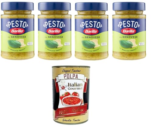 Barilla Pesto alla Genovese con Basilico Fresco Condimento e Sugo per Pasta Genueser Pesto mit frischem Basilikumgewürz und Pastasauce 4x190gr + Italian Gourmet polpa 400g von Italian Gourmet E.R.