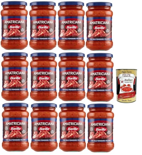 Barilla Sugo all'Amatriciana, Salsa, Fertige Tomatensauce mit 100% italienischem Speck, Zwiebeln und Chilischote 12x 300 gr + Italian Gourmet polpa 400g von Italian Gourmet E.R.